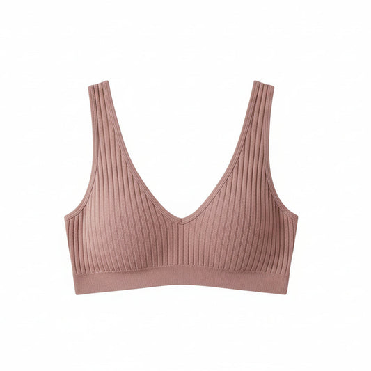 Brown ribbed bralette on a white background with floral decorations