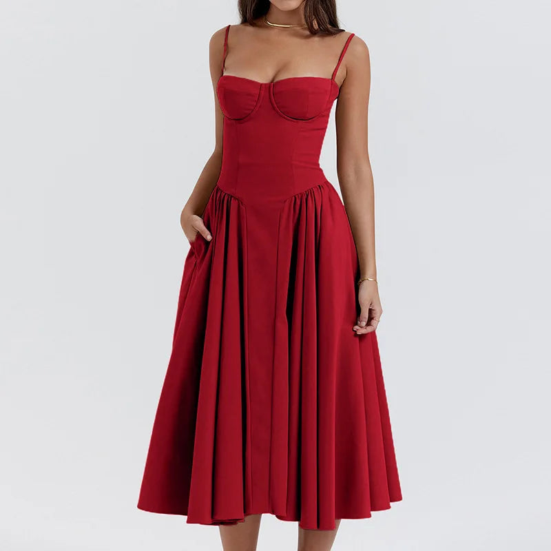 Pleated Summer Midi Slip Dress Sheyln