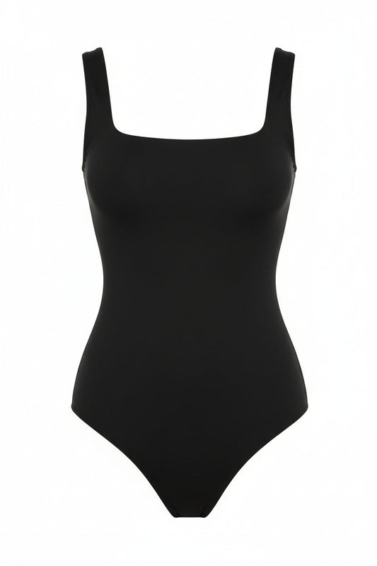 Black Solid Wide Strap Stretch Bodysuit for Women Sheyln