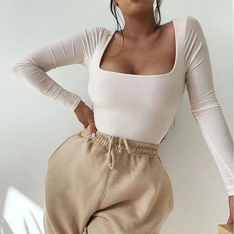 Square Neck Long Sleeve Bodycon Bodysuit Sheyln