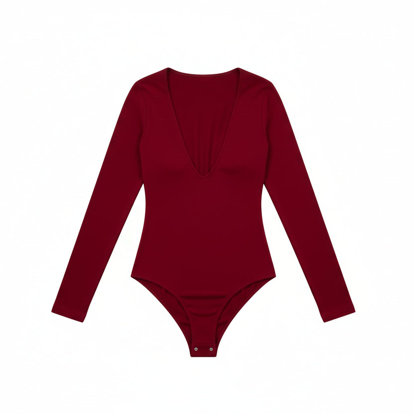 V-Neck Long Sleeve Bodycon Bodysuit Sheyln