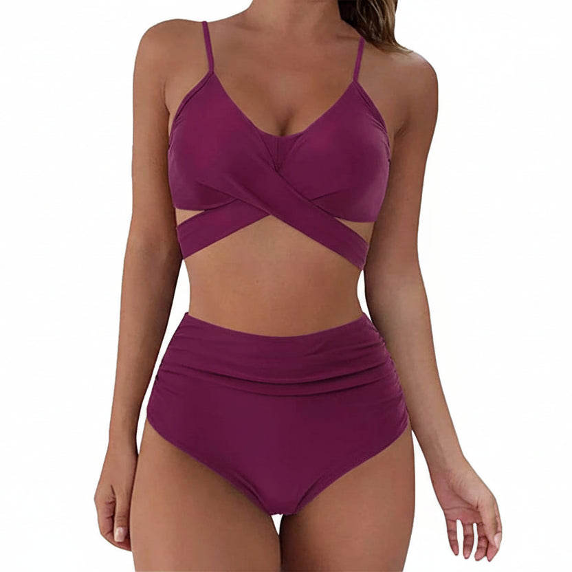High-Waisted Ruched Cross-Front Bikini Sheyln