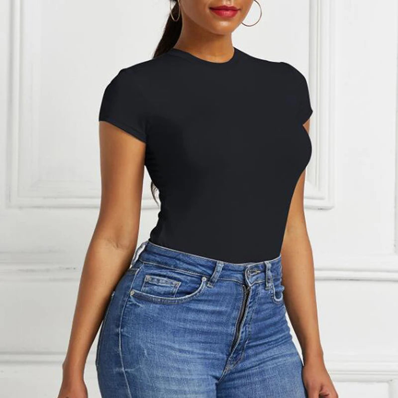 Solid Short Sleeve O-Neck Bodysuit Sheyln