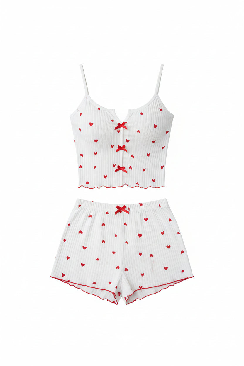 Heart Print Ribbed Pajama Set Sheyln
