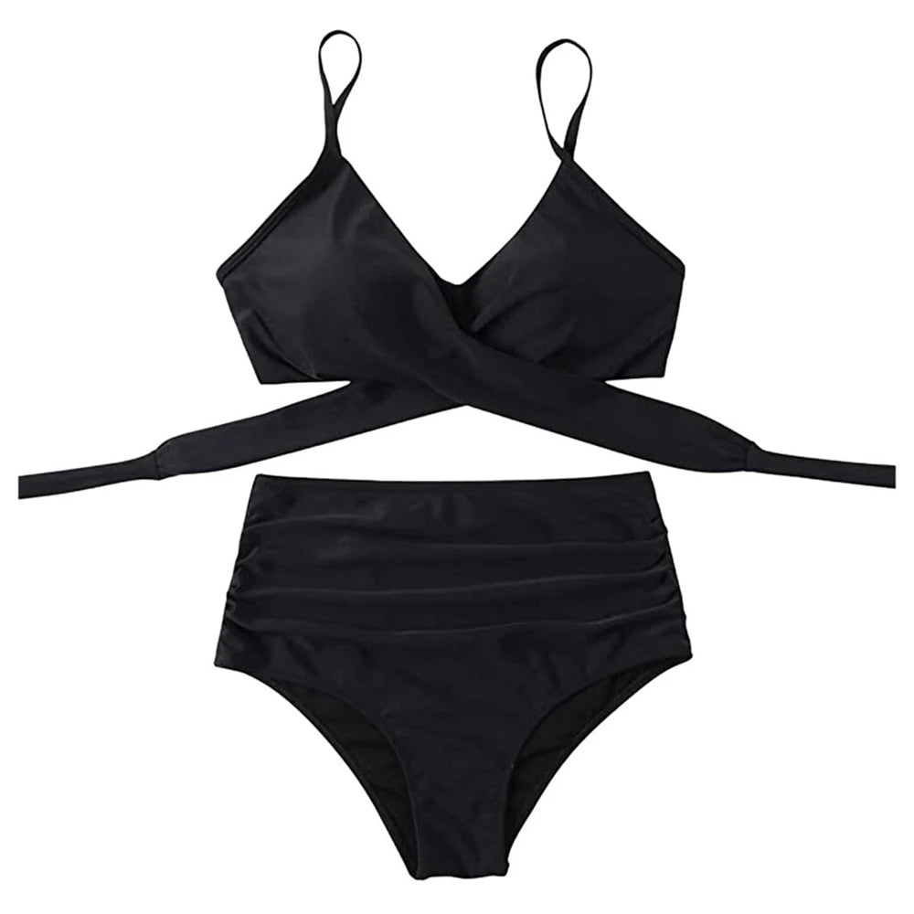 High-Waisted Ruched Cross-Front Bikini Sheyln