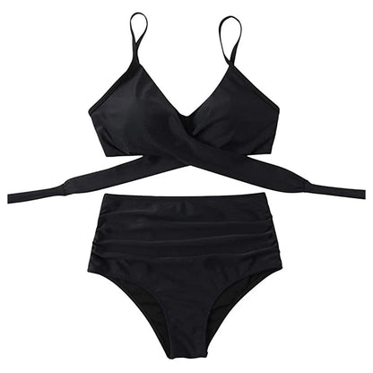 High-Waisted Ruched Cross-Front Bikini Sheyln