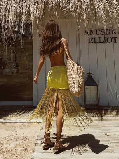 3-Piece Tassel Skirt Bikini Set