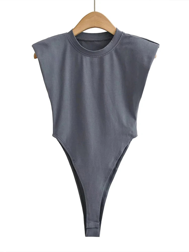 Padded Shoulder Sleeveless Bodysuit Sheyln