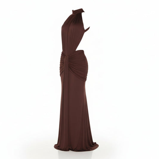 Woman wearing a brown evening gown on a white background
