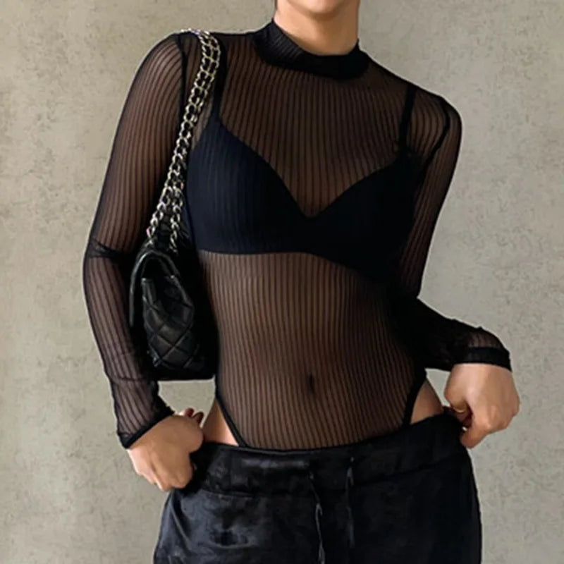 Mesh See-Through Backless Bodysuit Sheyln