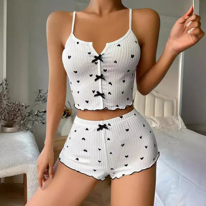 Heart Print Ribbed Pajama Set Sheyln