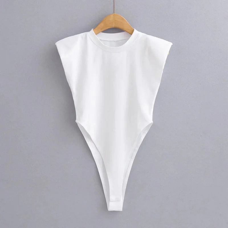 Padded Shoulder Sleeveless Bodysuit Sheyln