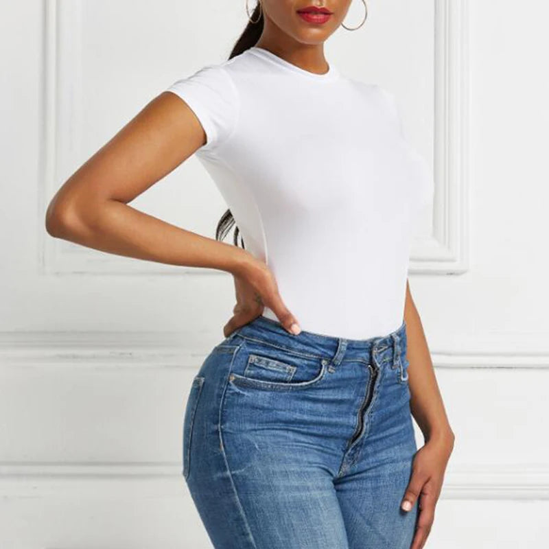Solid Short Sleeve O-Neck Bodysuit Sheyln