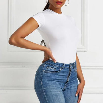 Solid Short Sleeve O-Neck Bodysuit Sheyln