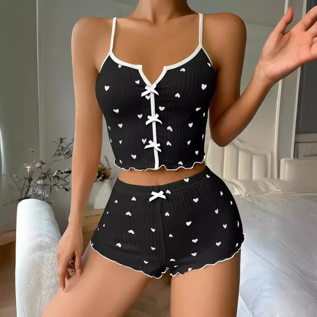 Heart Print Ribbed Pajama Set Sheyln