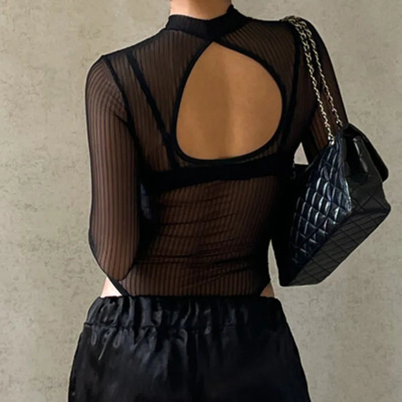 Mesh See-Through Backless Bodysuit Sheyln