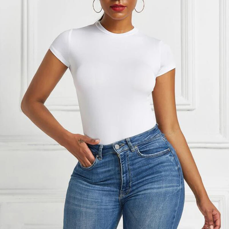 Solid Short Sleeve O-Neck Bodysuit Sheyln