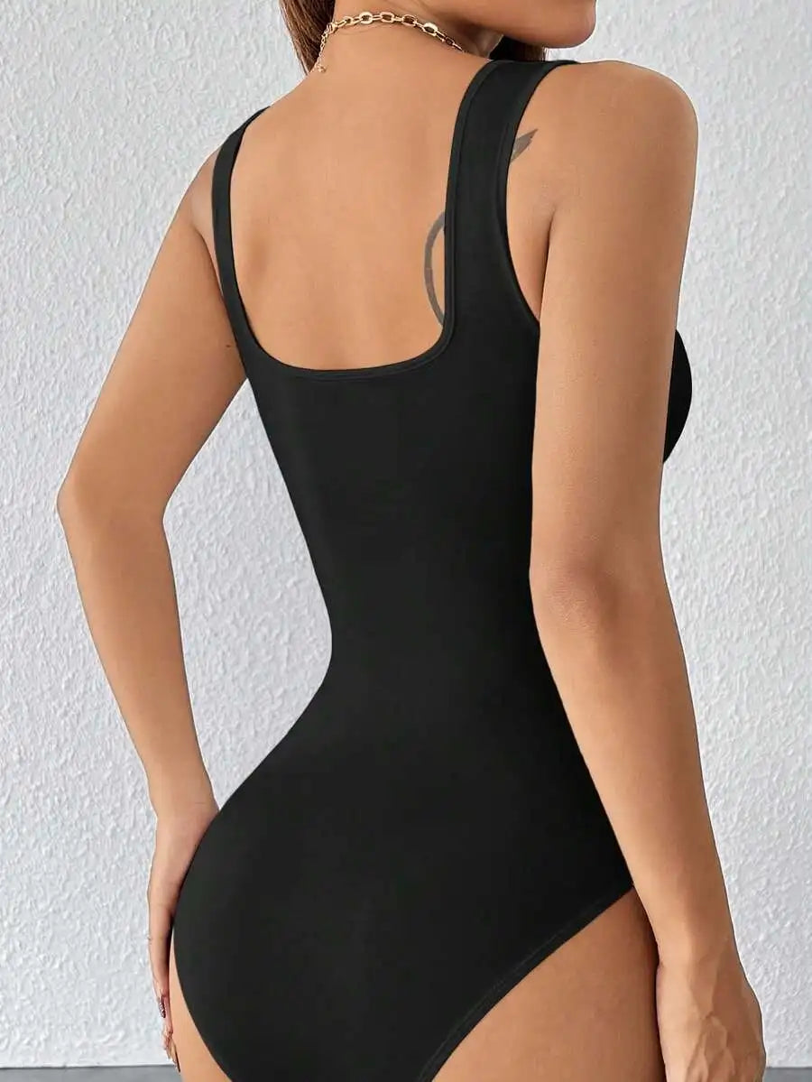 Black Solid Wide Strap Stretch Bodysuit for Women Sheyln