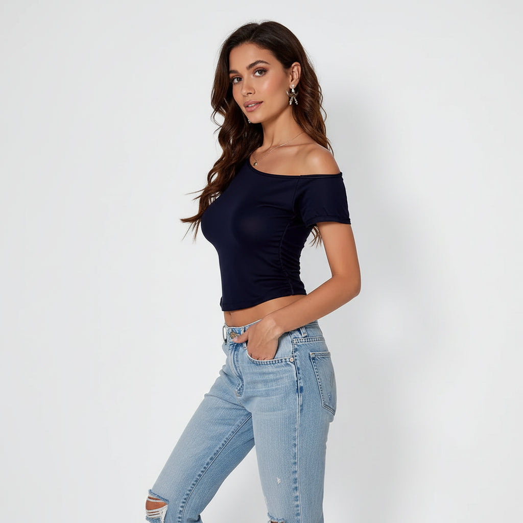 Ribbed Off-Shoulder Crop Top Sheyln