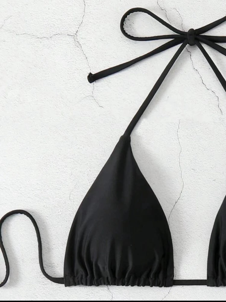 Solid Lace-Up Halter Thong Bikini Sheyln