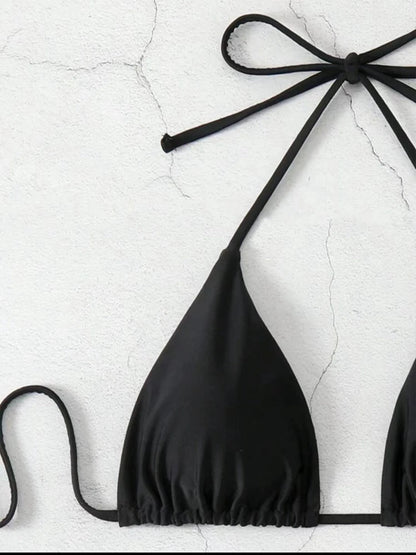 Solid Lace-Up Halter Thong Bikini Sheyln