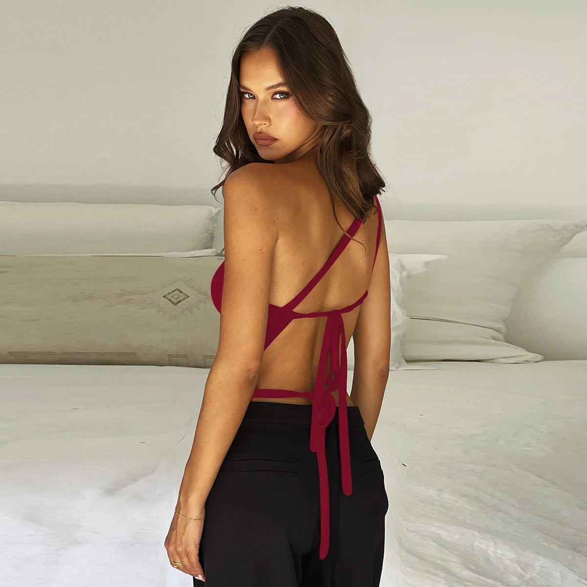 Diagonal Strap Backless Bodysuit Sheyln