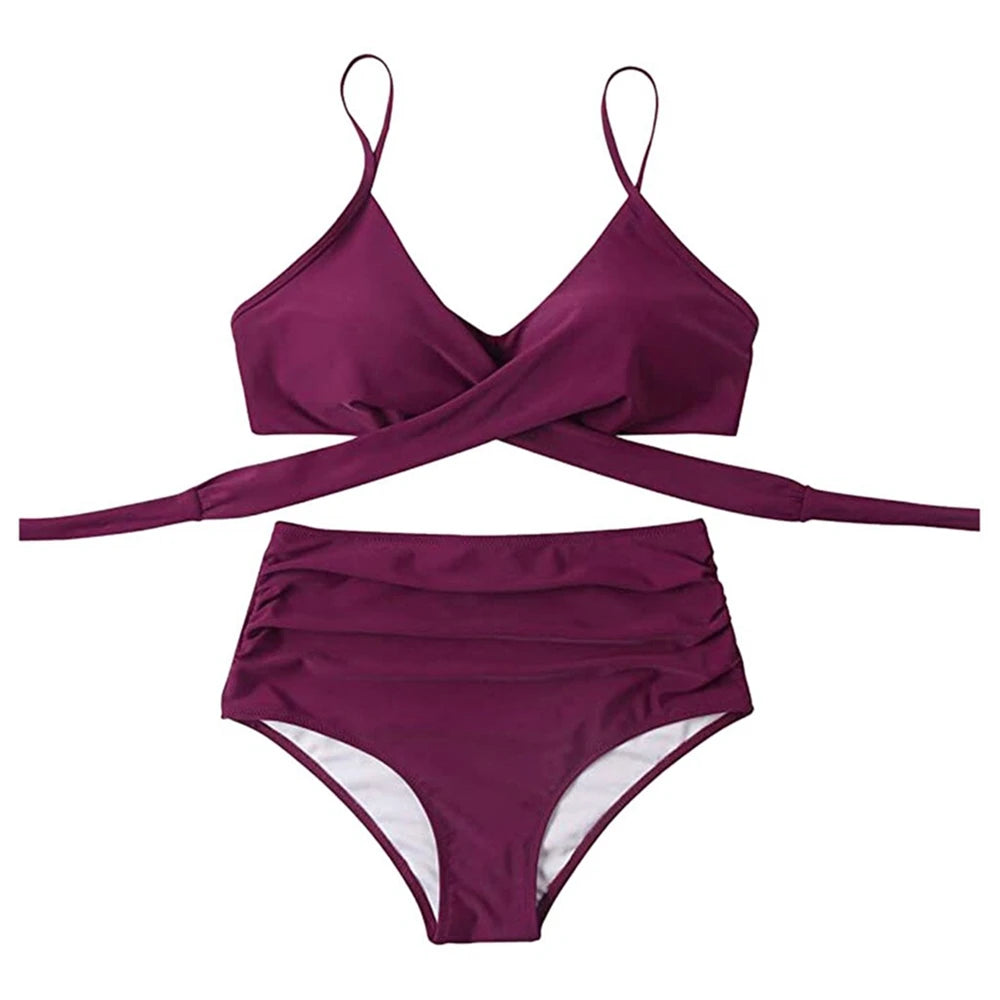 High-Waisted Ruched Cross-Front Bikini Sheyln