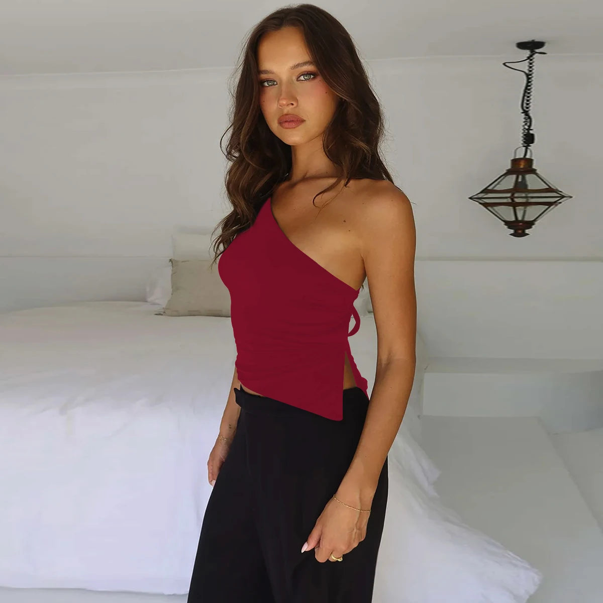 Diagonal Strap Backless Bodysuit Sheyln