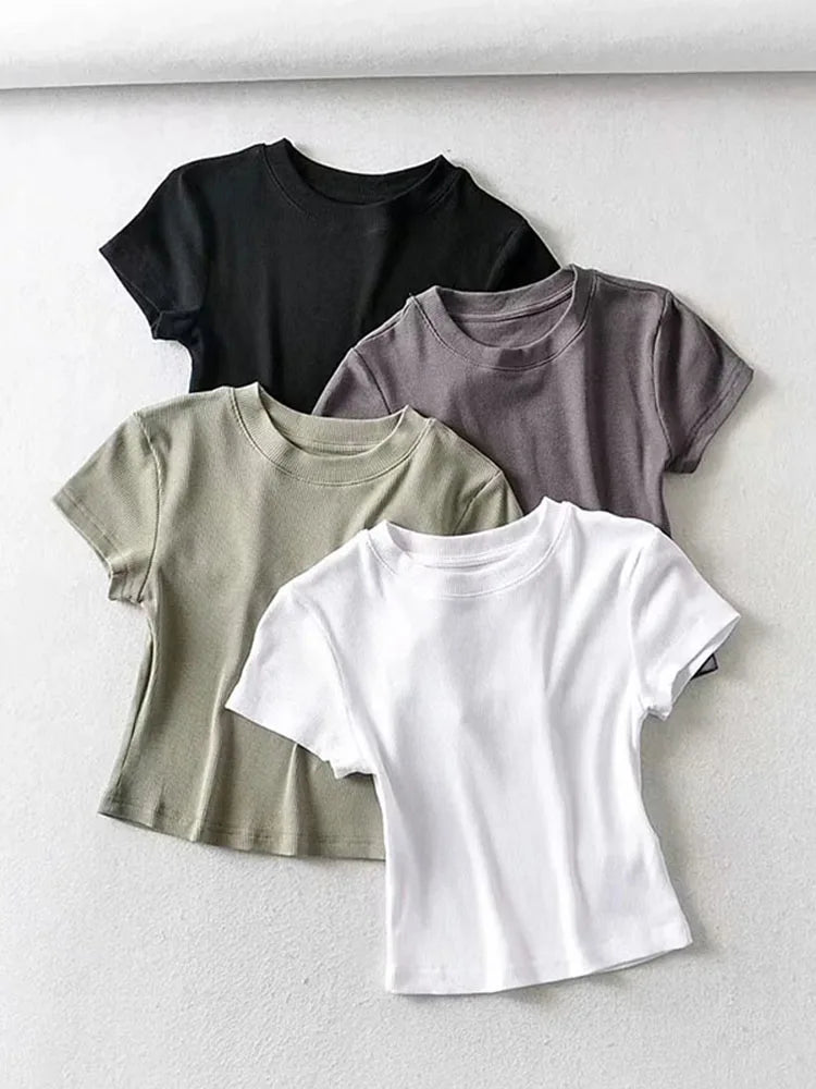 O-Neck Slim Crop Tee Sheyln