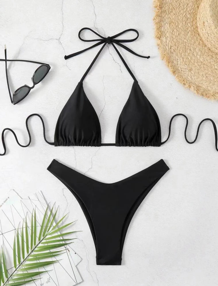 Solid Lace-Up Halter Thong Bikini Sheyln