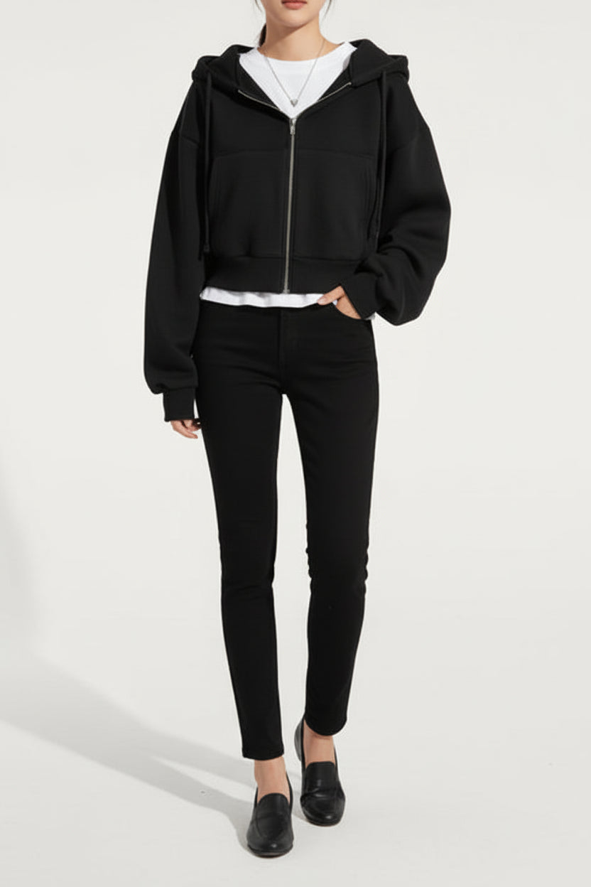 Fleece-Lined Cropped Zip-Up Hoodie Sheyln
