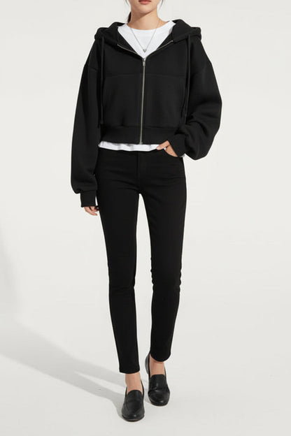 Fleece-Lined Cropped Zip-Up Hoodie Sheyln