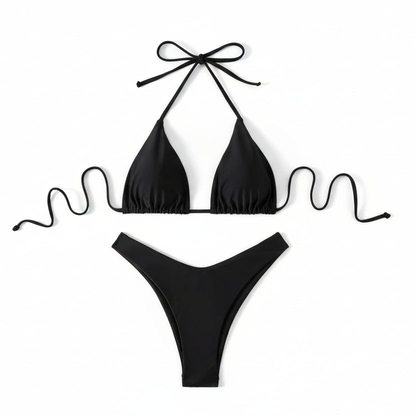 Solid Lace-Up Halter Thong Bikini Sheyln