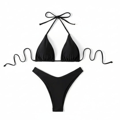 Solid Lace-Up Halter Thong Bikini Sheyln