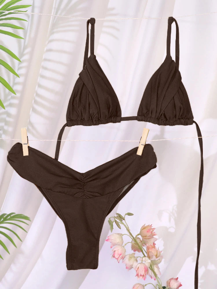 Solid Low-Rise Triangle Bandage Bikini