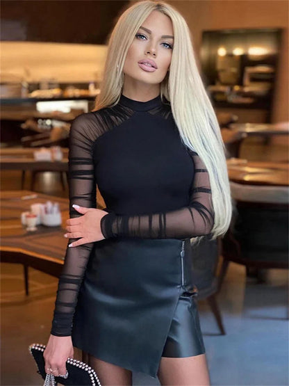 Mesh Patchwork Ruched Turtleneck Bodysuit Sheyln
