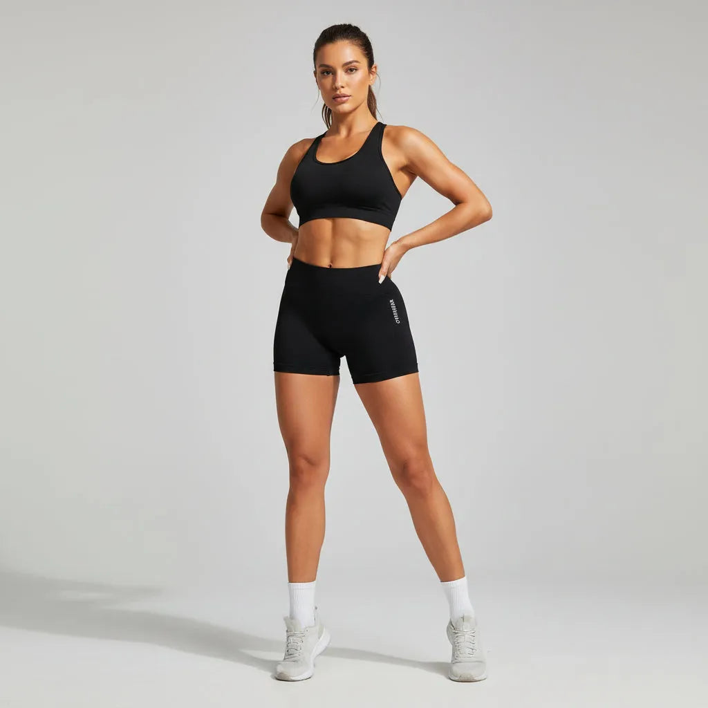 Black gym shorts with 'GYMWEAR' text on a person against a green plant background