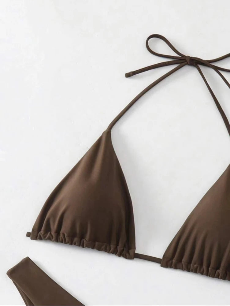 Solid Lace-Up Halter Thong Bikini Sheyln
