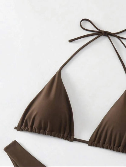 Solid Lace-Up Halter Thong Bikini Sheyln