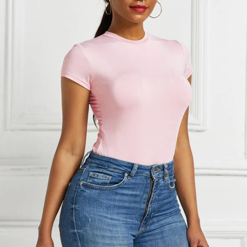Solid Short Sleeve O-Neck Bodysuit Sheyln