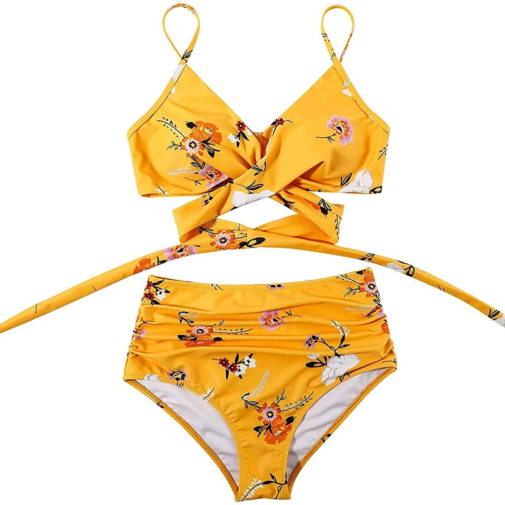 High-Waisted Ruched Cross-Front Bikini Sheyln