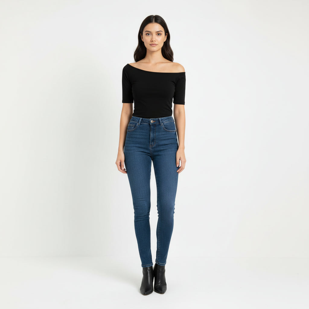 Black off-shoulder top on a white background