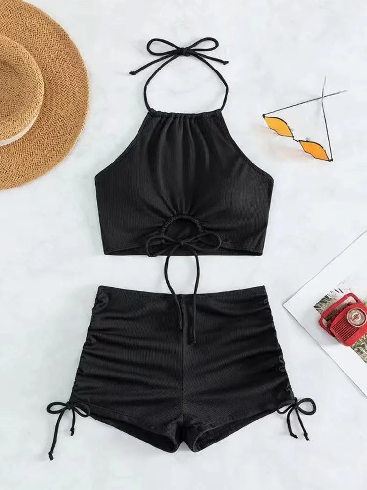 Solid Halter Neck Bikini Set Sheyln