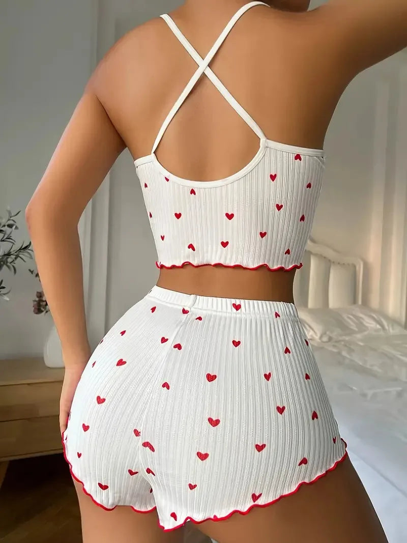 Heart Print Ribbed Pajama Set Sheyln