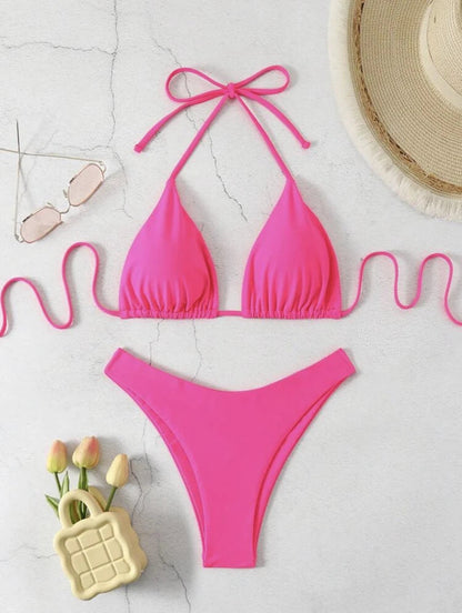 Solid Lace-Up Halter Thong Bikini Sheyln