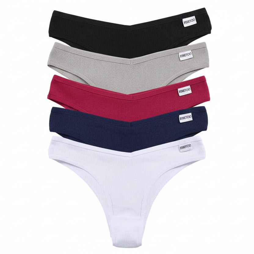 Set of five men's underwear in black, gray, red, blue, and white on a beige background.