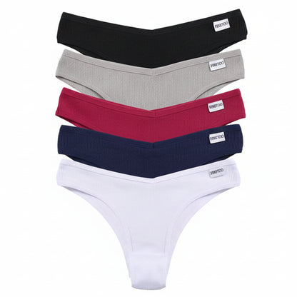 Set of five men's underwear in black, gray, red, blue, and white on a beige background.