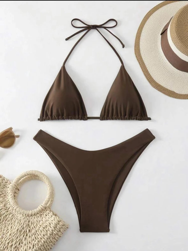 Solid Lace-Up Halter Thong Bikini Sheyln