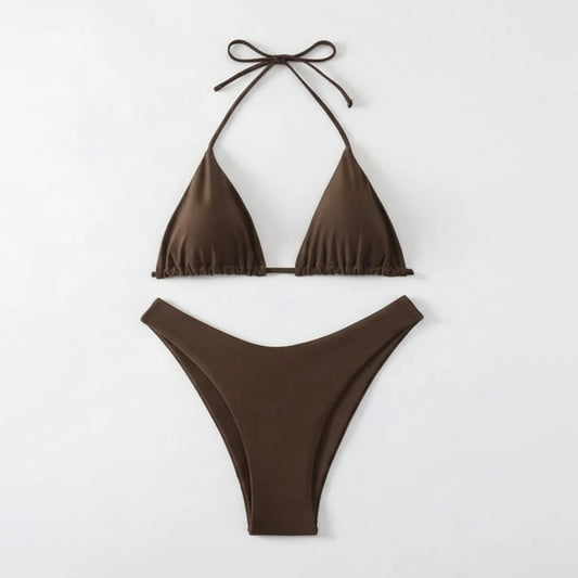 Solid Lace-Up Halter Thong Bikini Sheyln