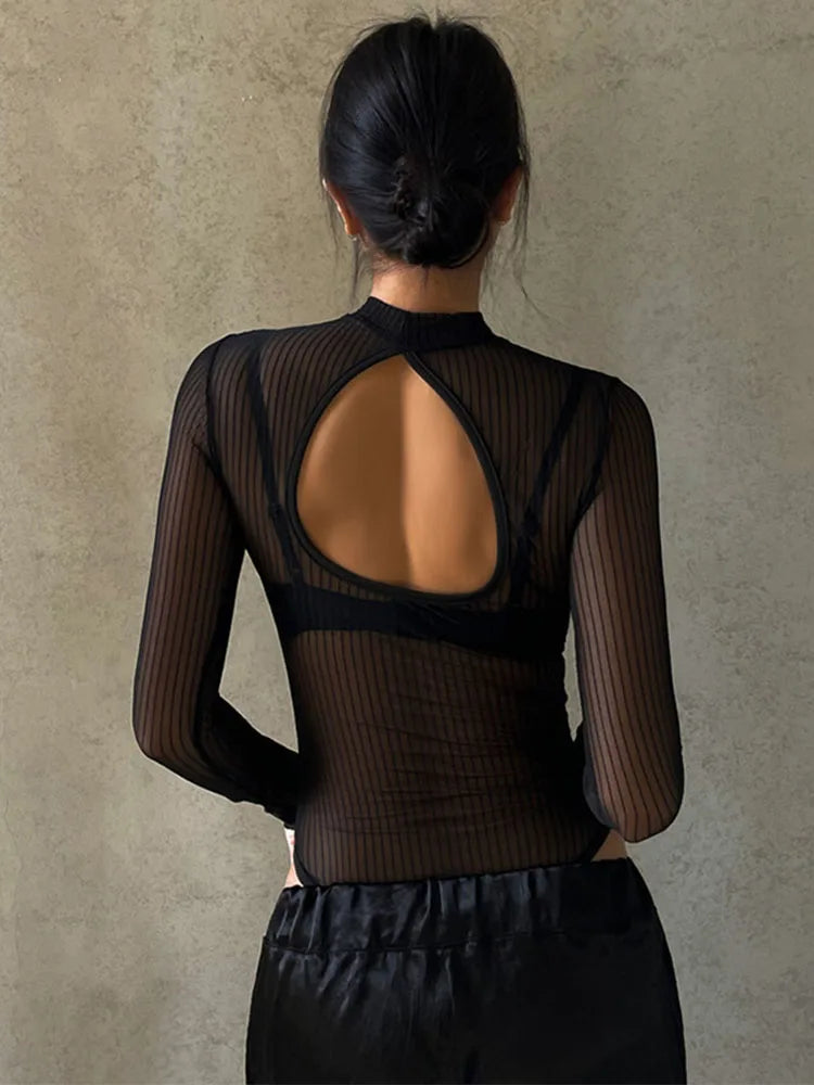 Mesh See-Through Backless Bodysuit Sheyln